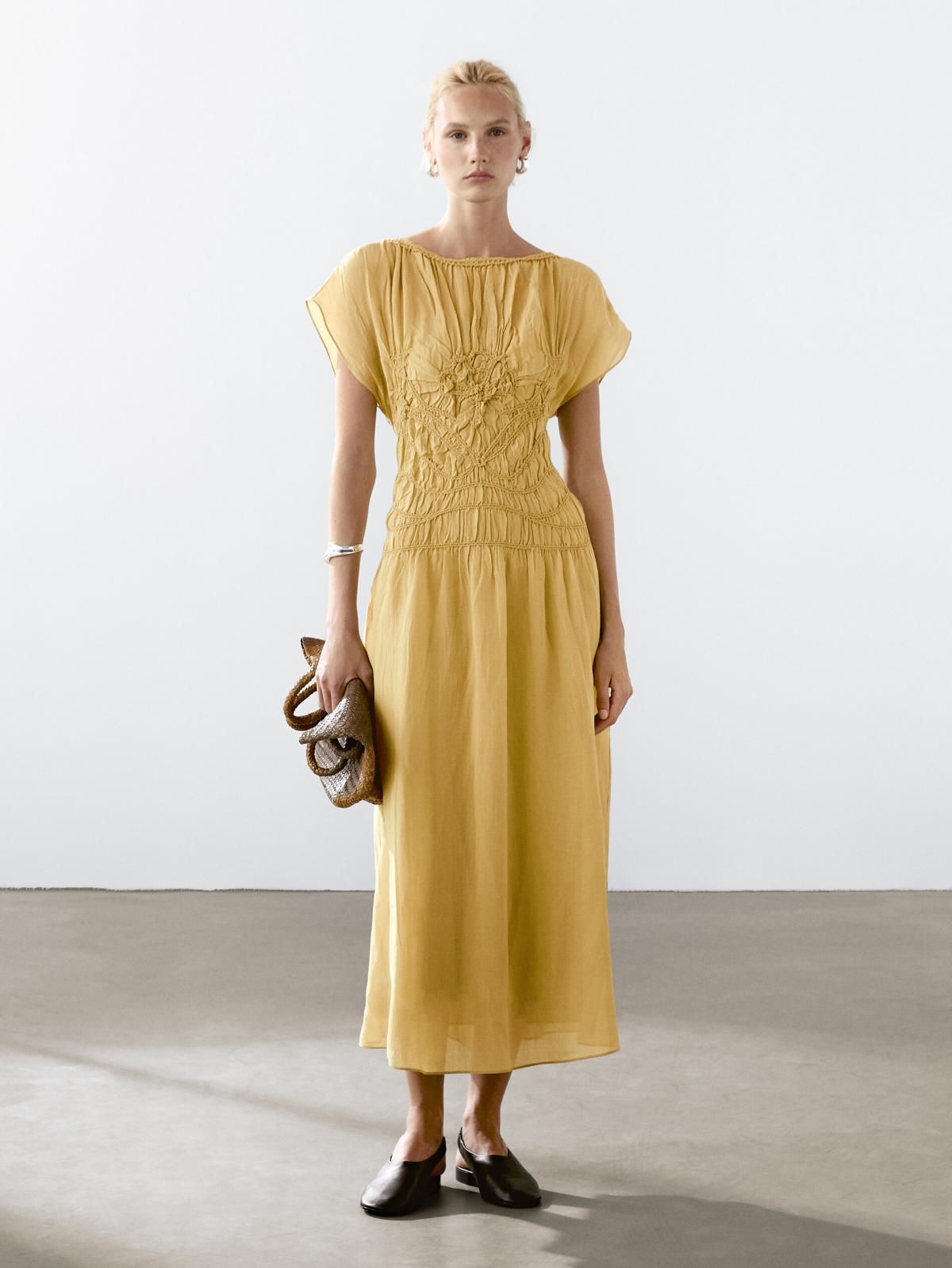 마시모두띠 플레어 자수 미디 원피스 6665/588 MUSTARD YELLOW - 상세 이미지 3