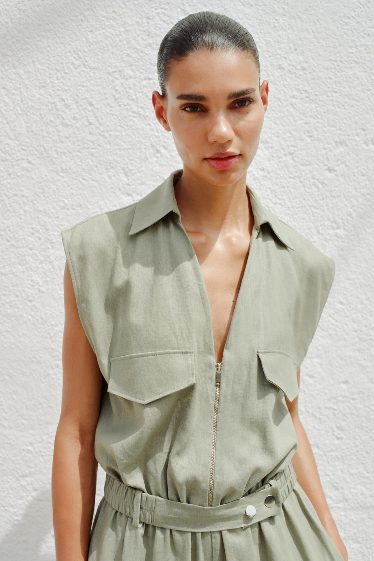 자라 린넨블렌드 벨티드 민소매 점프수트 8166/709 LIGHT KHAKI - 상세 이미지 3