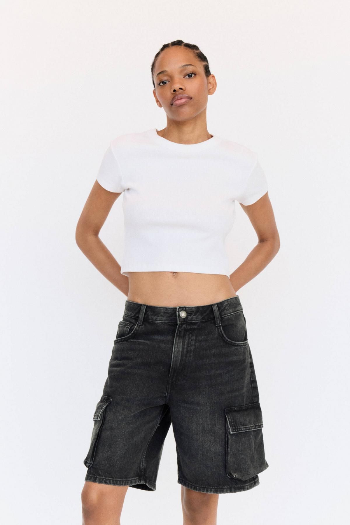 풀앤베어 테크니컬 데님 카고 버뮤다 반바지 7698/200 BLACK - 상세 이미지 2