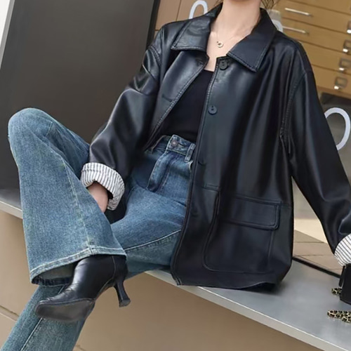 (YY) 시크한 여성 블랙 자켓 루즈핏 카라넥 레더 재킷 모던한 캐주얼 심플 데일리룩 아우터 - 상세 이미지 2