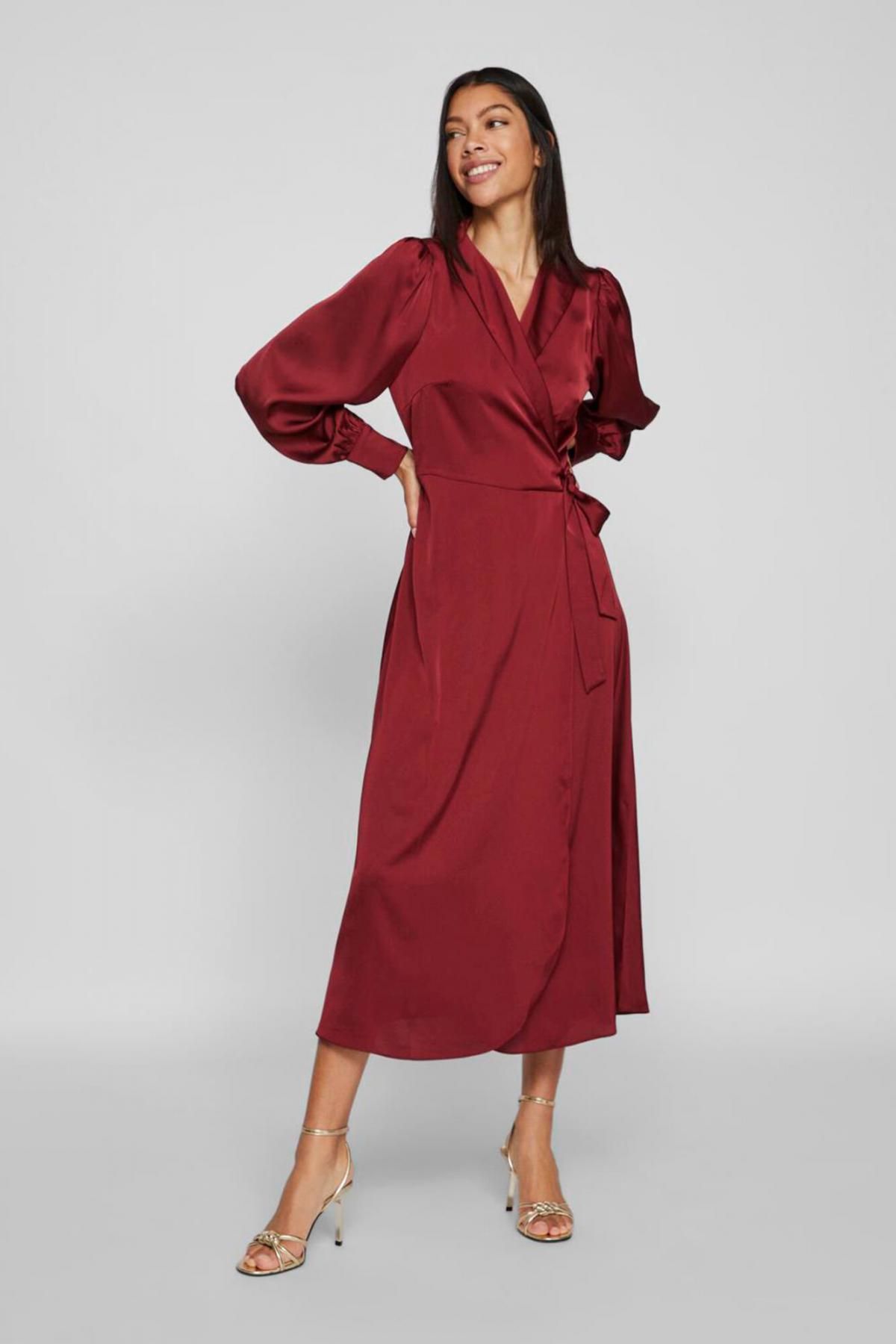 빌라 새틴 랩 미디 원피스 퍼프소매 브이넥 5830087 MORADO - 상세 이미지 2