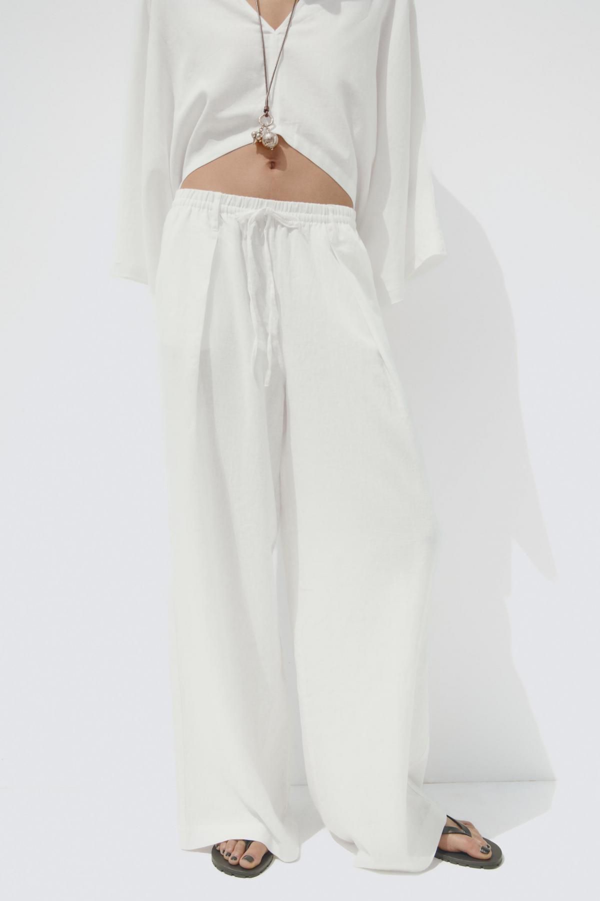 자라 린넨블렌드 와이드 밴딩 슬랙스 팬츠 1255/507 OYSTER-WHITE - 메인 이미지
