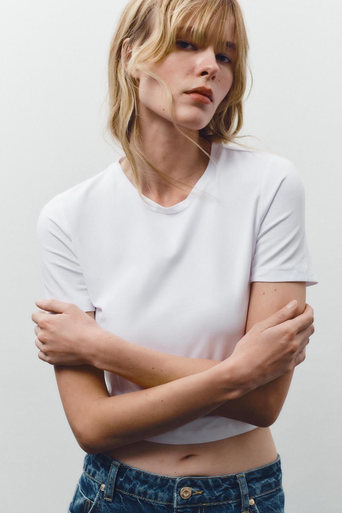 자라 크롭 슬림핏 티셔츠 2335/299 WHITE - 상세 이미지 3