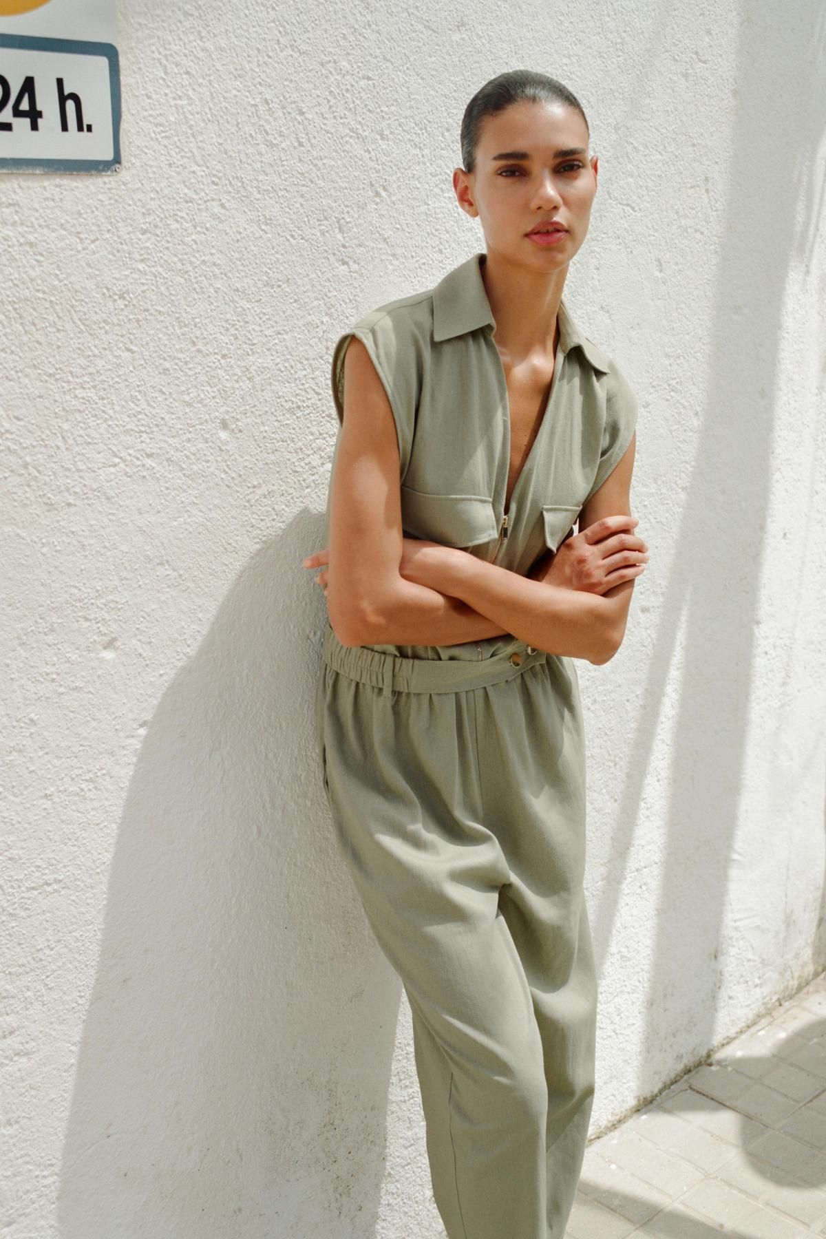 자라 린넨블렌드 벨티드 민소매 점프수트 8166/709 LIGHT KHAKI - 상세 이미지 5