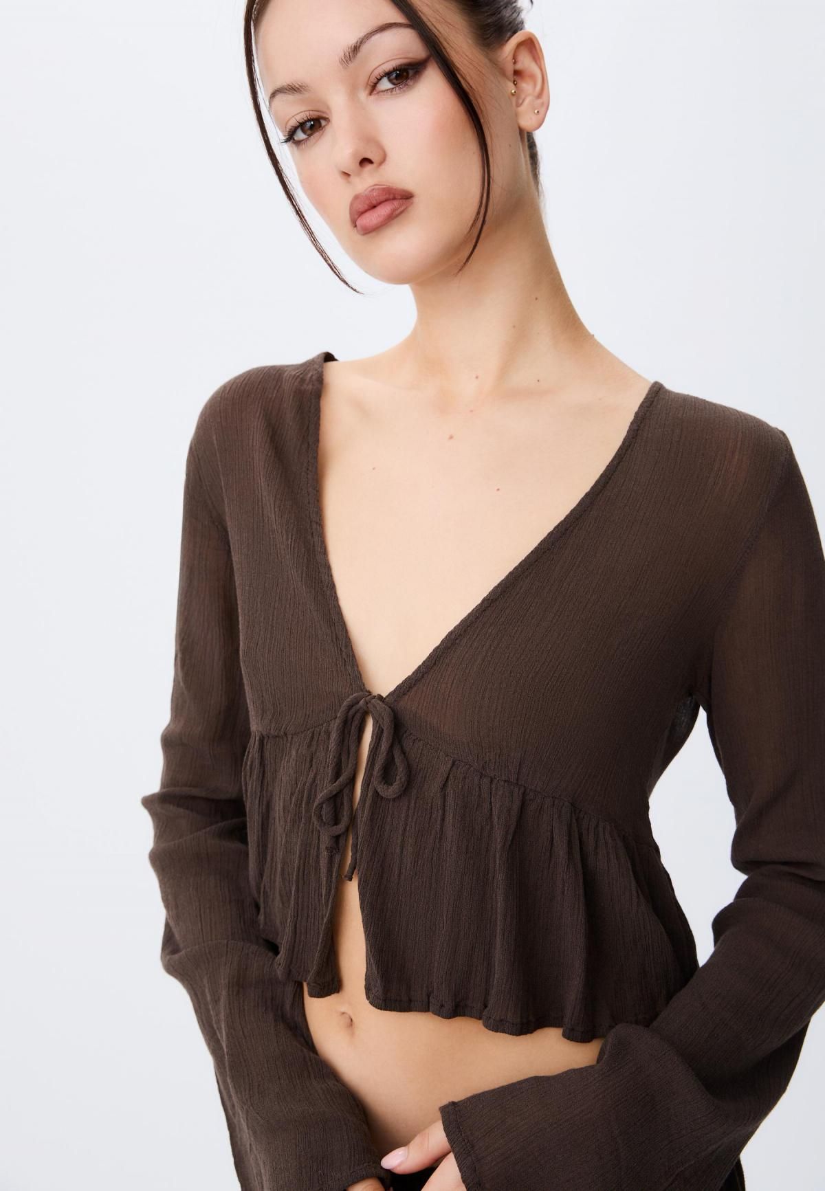 스트라디바리우스 타이 러플 브이넥 크롭 셔츠 7145/550 BROWN - 상세 이미지 2
