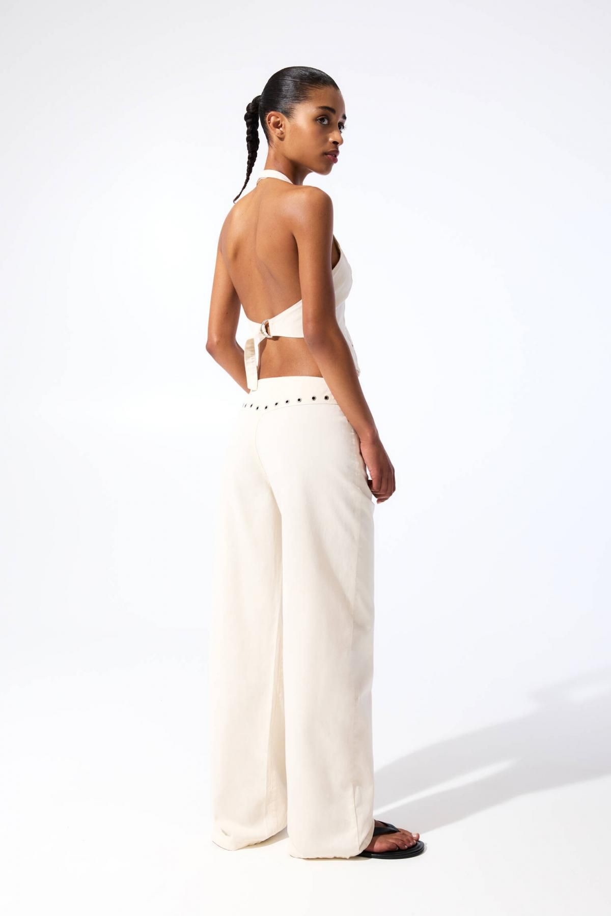 풀앤베어 스터드 디테일 와이드 스트레이트 팬츠 코튼 미드라이즈 7674/303 VANILLA - 상세 이미지 4