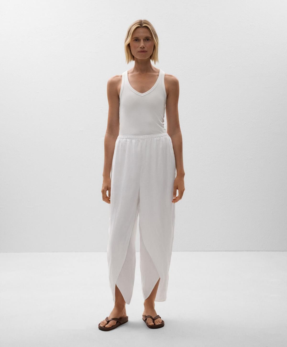 오이쇼 린넨 와이드 배럴 팬츠 라운드 슬릿 웨이스트 3361/873 WHITE - 상세 이미지 2