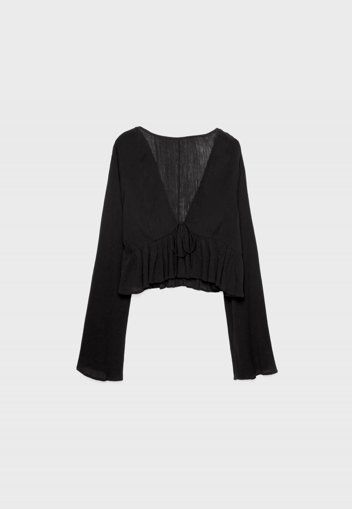스트라디바리우스 러플 브이넥 타이 셔츠 블라우스 7145/550 BLACK - 상품 이미지