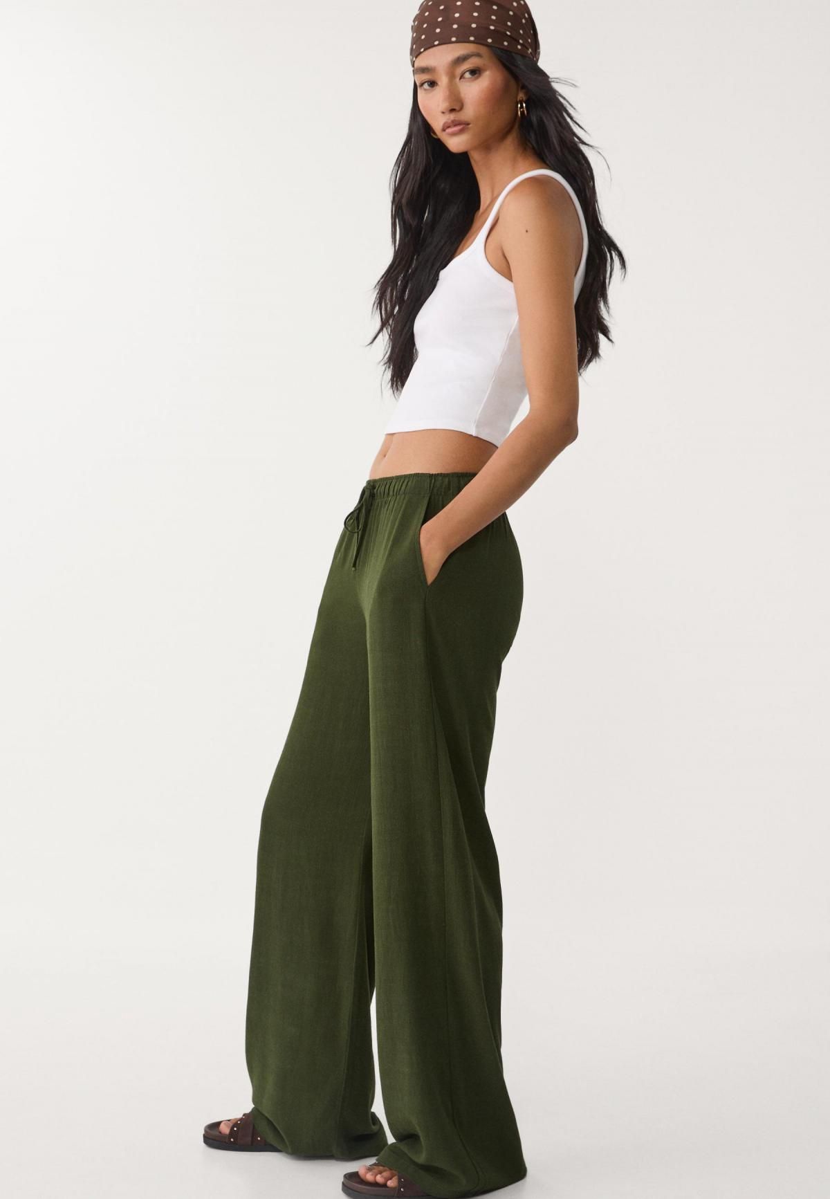 스트라디바리우스 와이드 린넨블렌드 스트링 팬츠 1235/737 GREEN - 상세 이미지 4