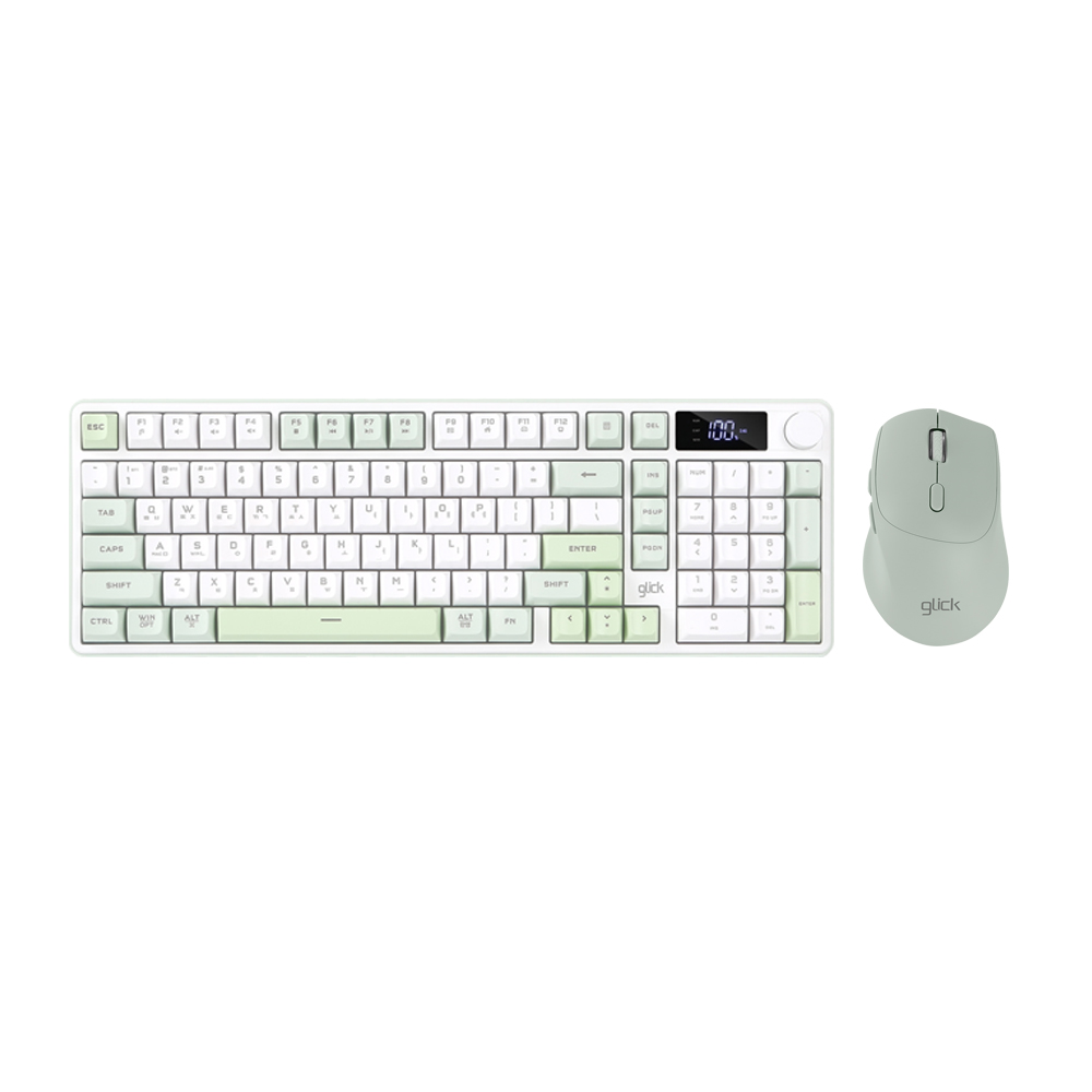 지클릭커 오피스프로 WMK50 사일런스 M RGB 풀윤활 무소음 방수 무선 블루투스 LCD 98 키보드 마우스 세트 Greenwich - 상품 이미지