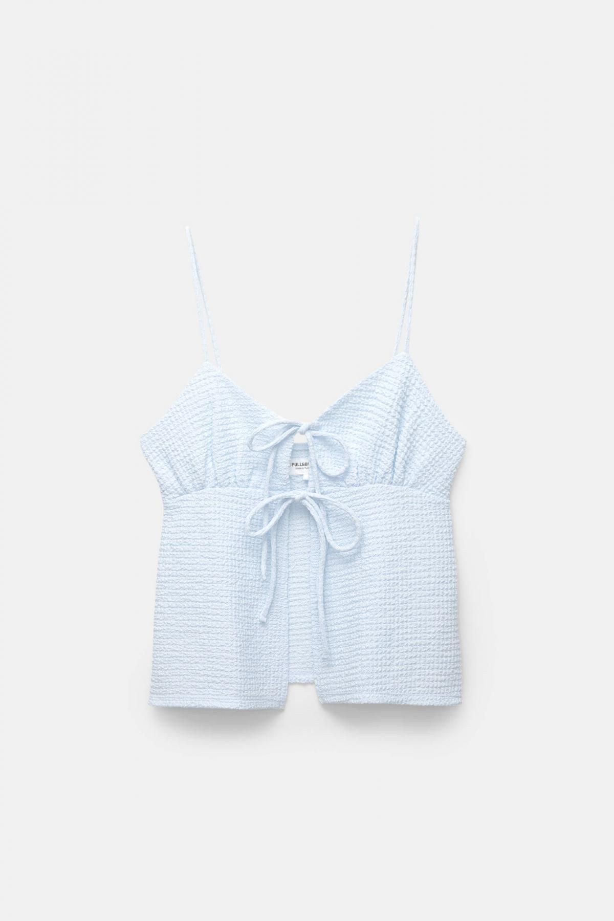 풀앤베어 크리즈드 슬림 스트랩 브이넥 타이 민소매 7150/341 PALE BLUE - 상품 이미지