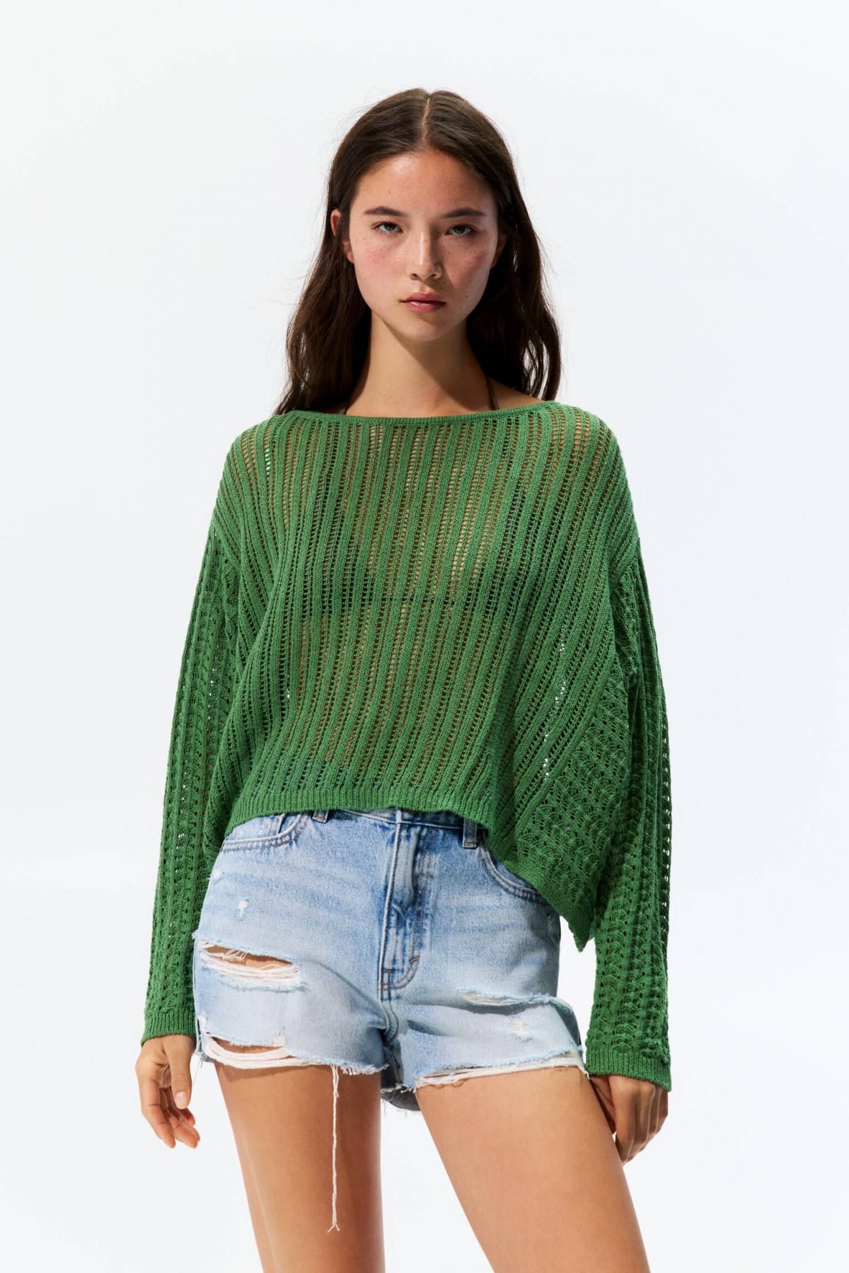 풀앤베어 오버사이즈 크로셰 패치워크 라운드넥 니트 7550/313 GREEN - 상세 이미지 3