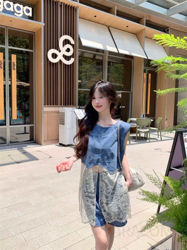 여성 빈티지 데님 민소매 나시 레이스 시스루 숏팬츠 투피스 세트 데일리룩 데이트룩 바캉스룩 봄 여름 - 상세 이미지 3