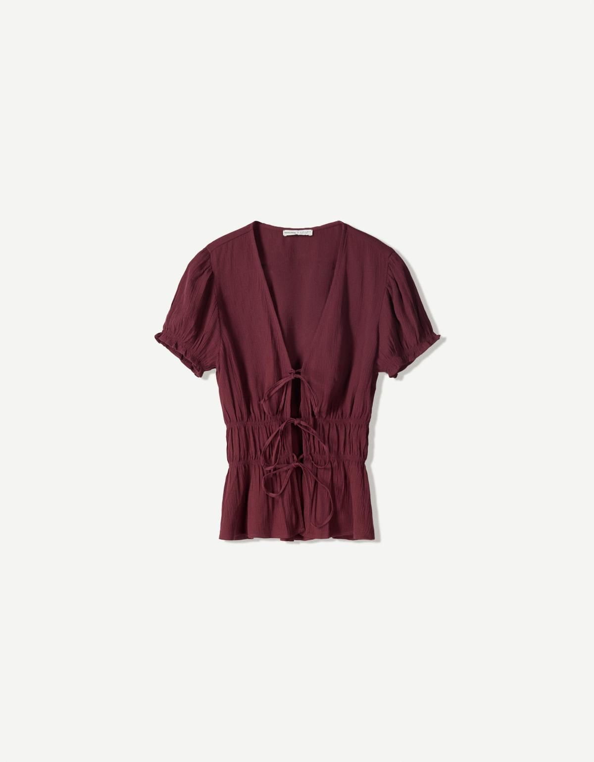 버쉬카 버건디 셔링 반팔 타이 디테일 블라우스 1163/494 MAROON - 상품 이미지
