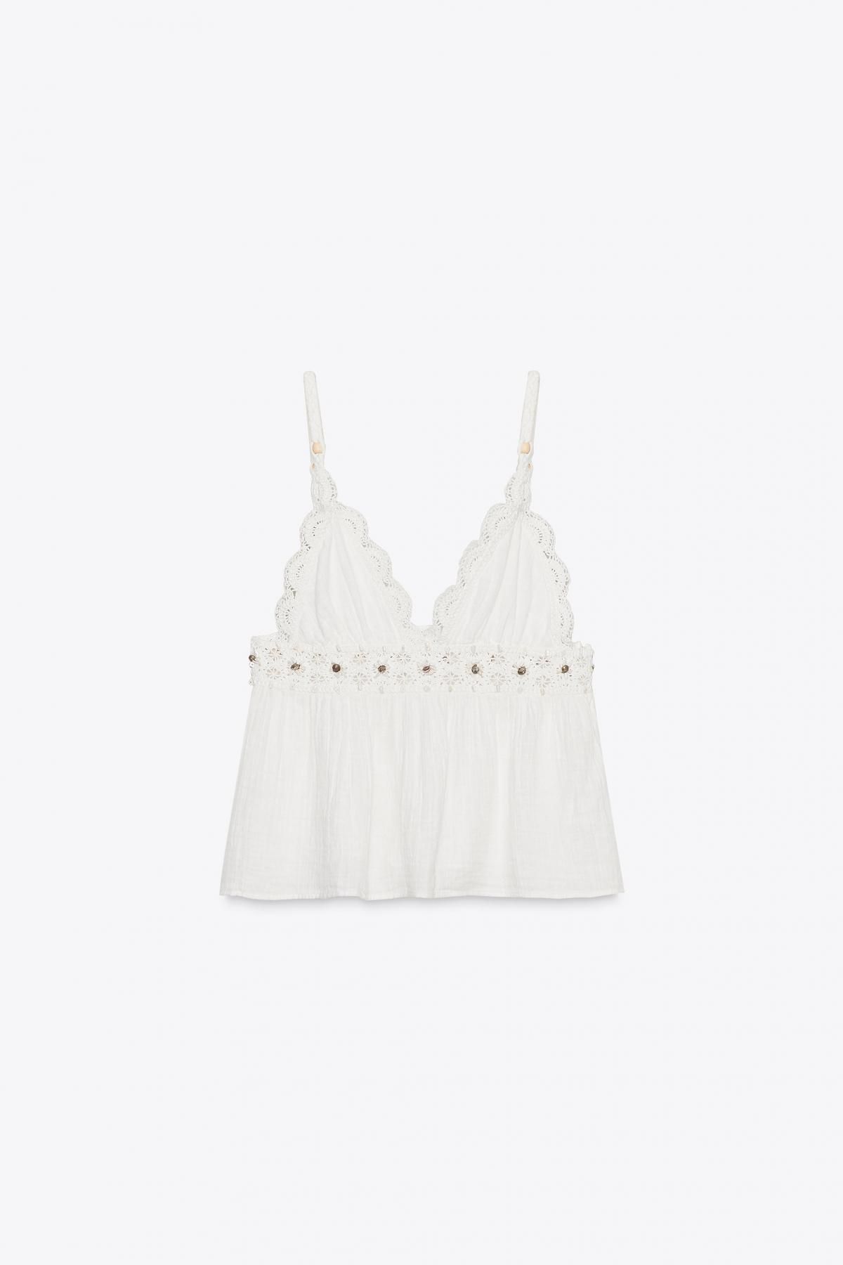 자라 크로셰 비즈 브이넥 크롭 민소매 탑 7200/123 WHITE - 메인 이미지