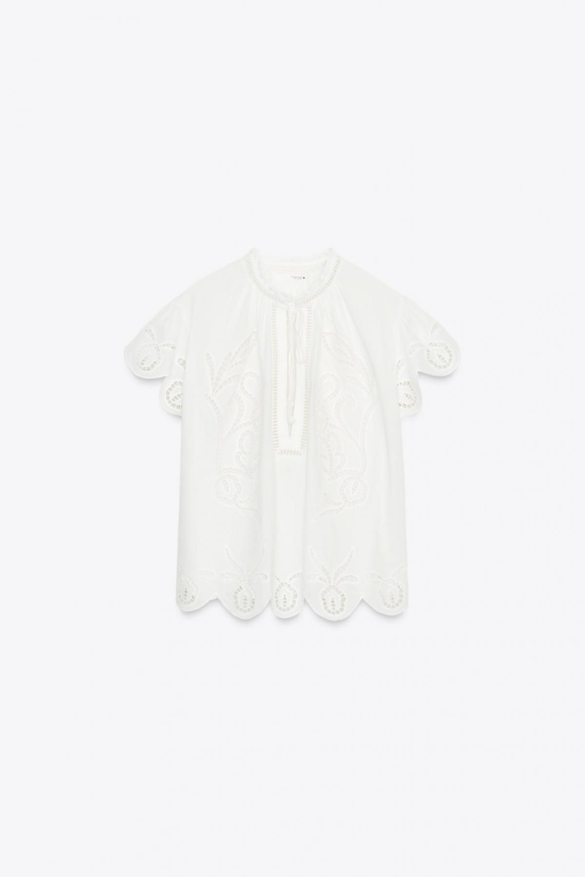 자라 자수 코튼 라운드넥 반팔 블라우스 5107/274 OYSTER-WHITE - 메인 이미지