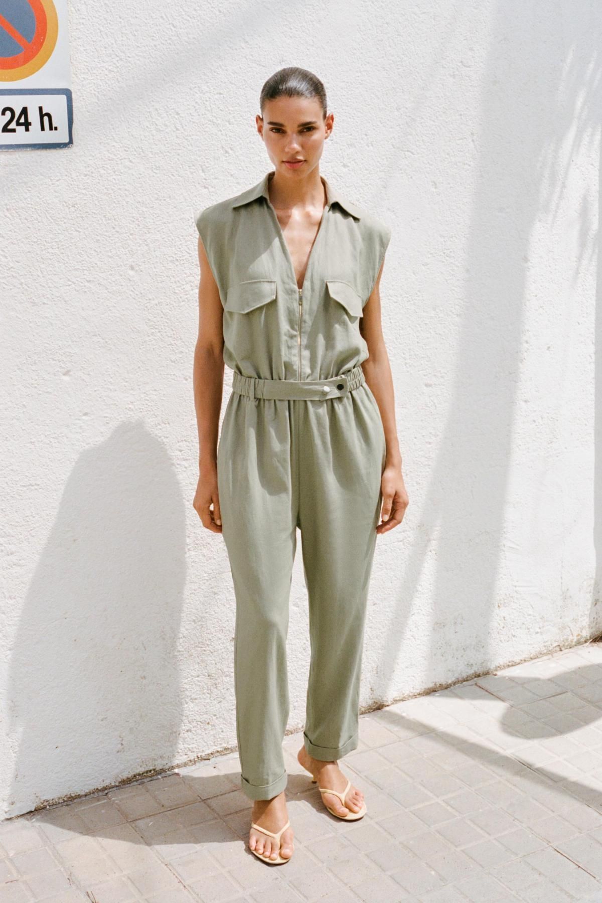 자라 린넨블렌드 벨티드 민소매 점프수트 8166/709 LIGHT KHAKI - 상세 이미지 2