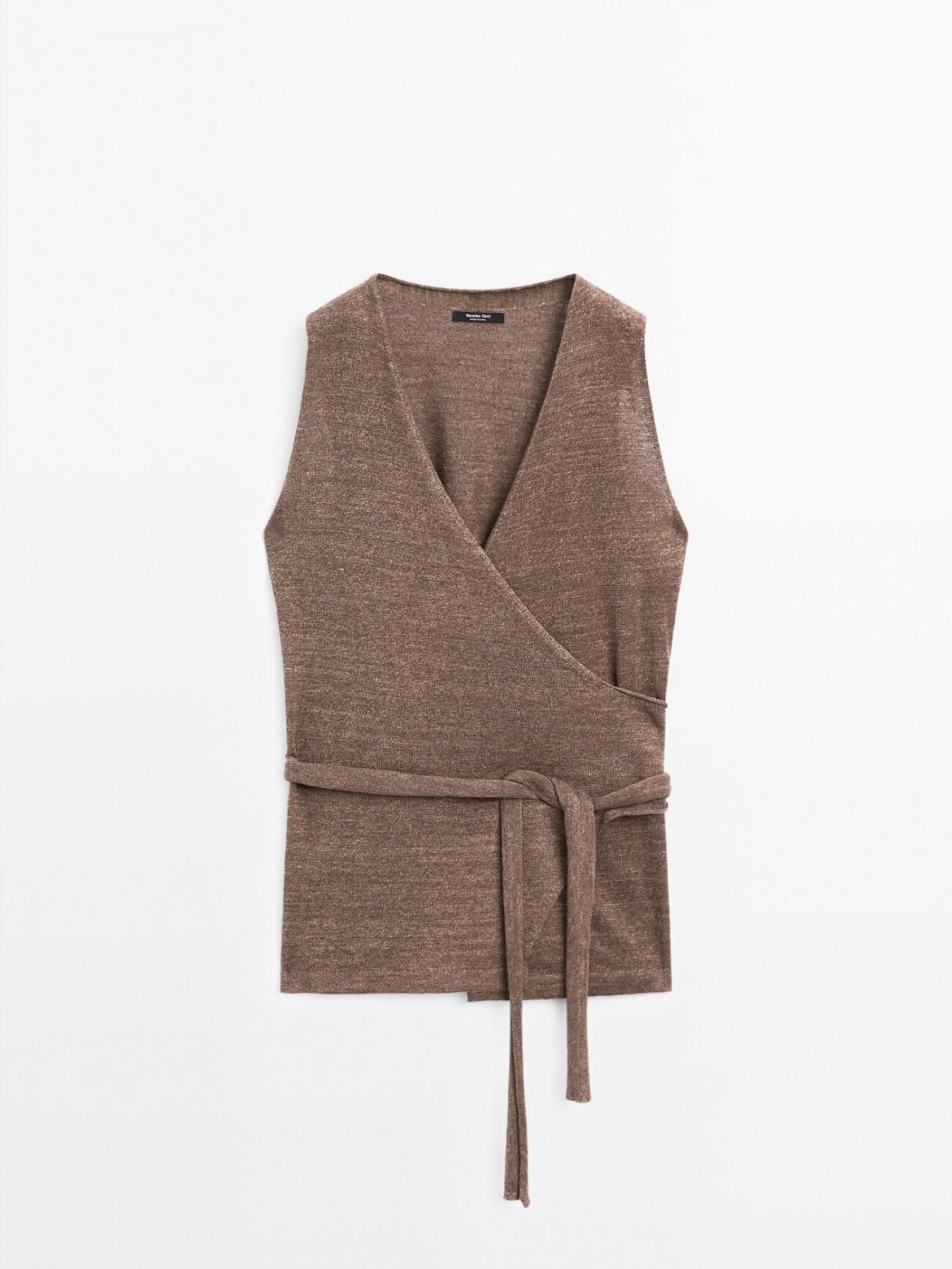 마시모두띠 린넨블렌드 브이넥 랩 니트 탑 민소매 5755/686 BROWN - 상품 이미지