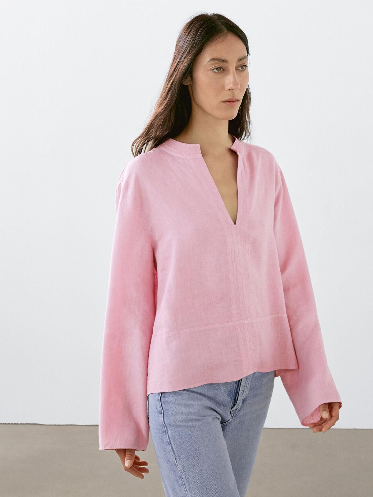 마시모두띠 린넨 브이넥 스탠드카라 긴팔블라우스 5158/530 FADED PINK - 상세 이미지 4