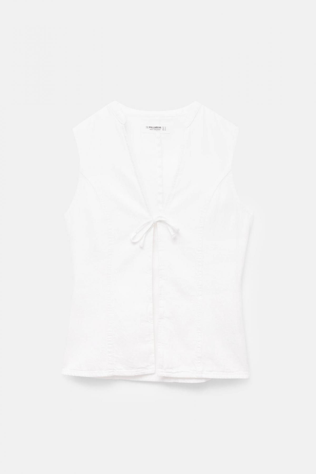 풀앤베어 코튼 슬리브리스 타이 블라우스 7472/404 WHITE - 상품 이미지