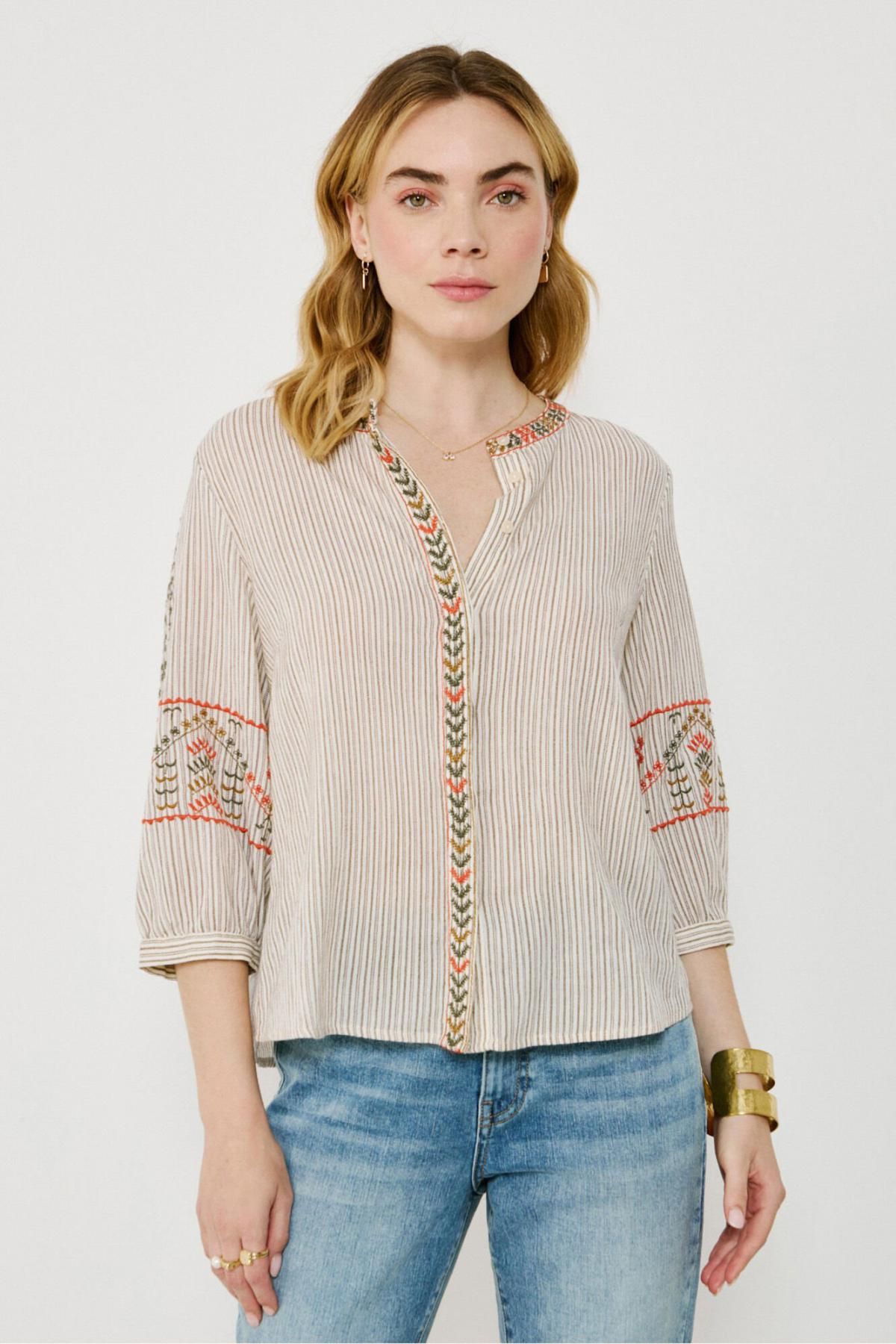 빌라 에스닉 자수 코튼 블라우스 4312355 ESTAMPADO BEIGE - 상품 이미지