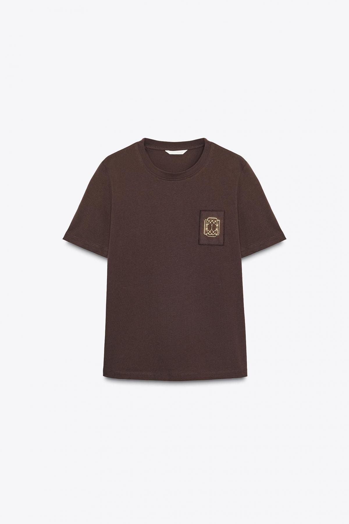 자라 메탈 클라스프 라운드넥 반팔 티셔츠 1165/197 BROWN - 상품 이미지