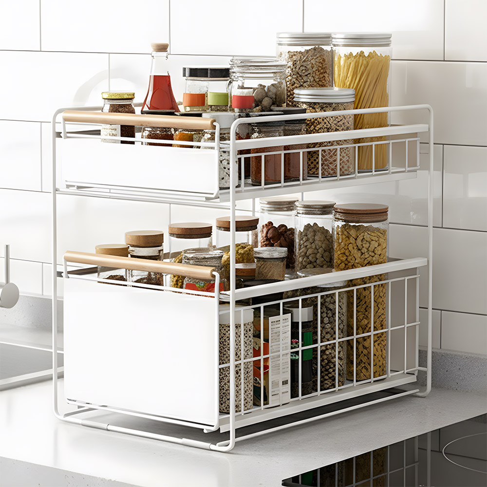 철제 슬라이딩선반 싱크대 하부장 정리 양념통 그릇 컵 레일선반 슬림 2단