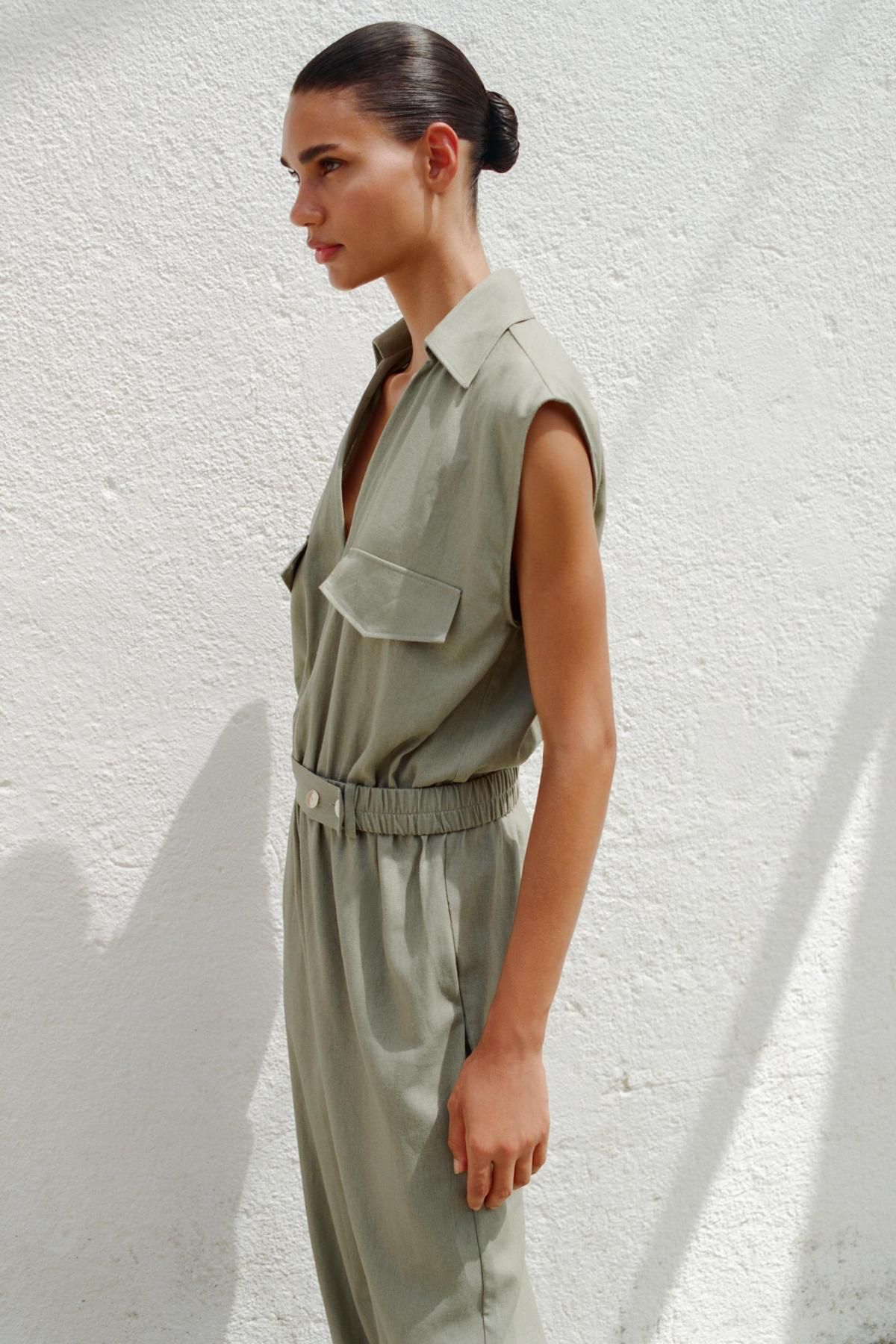 자라 린넨블렌드 벨티드 민소매 점프수트 8166/709 LIGHT KHAKI - 상세 이미지 4