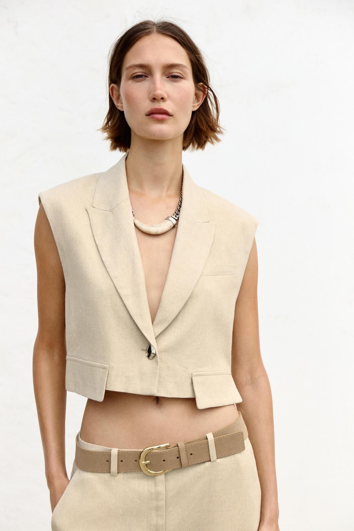 자라 린넨 블렌드 테일러드 크롭 베스트 2406/998 LIGHT BEIGE - 상세 이미지 3