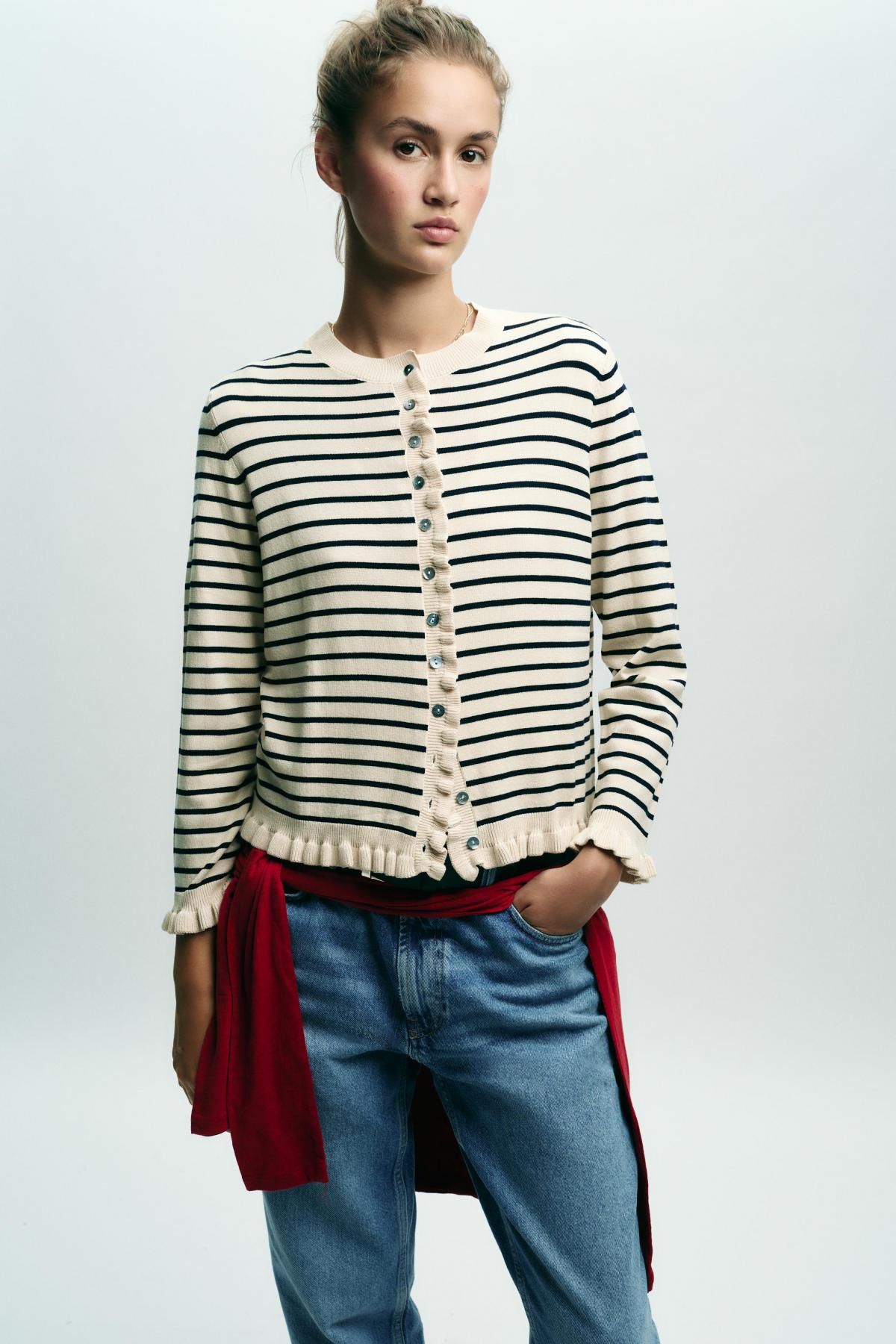 자라 스트라이프 러플트림 라운드넥 카디건 3433/100 STRIPED - 상세 이미지 4
