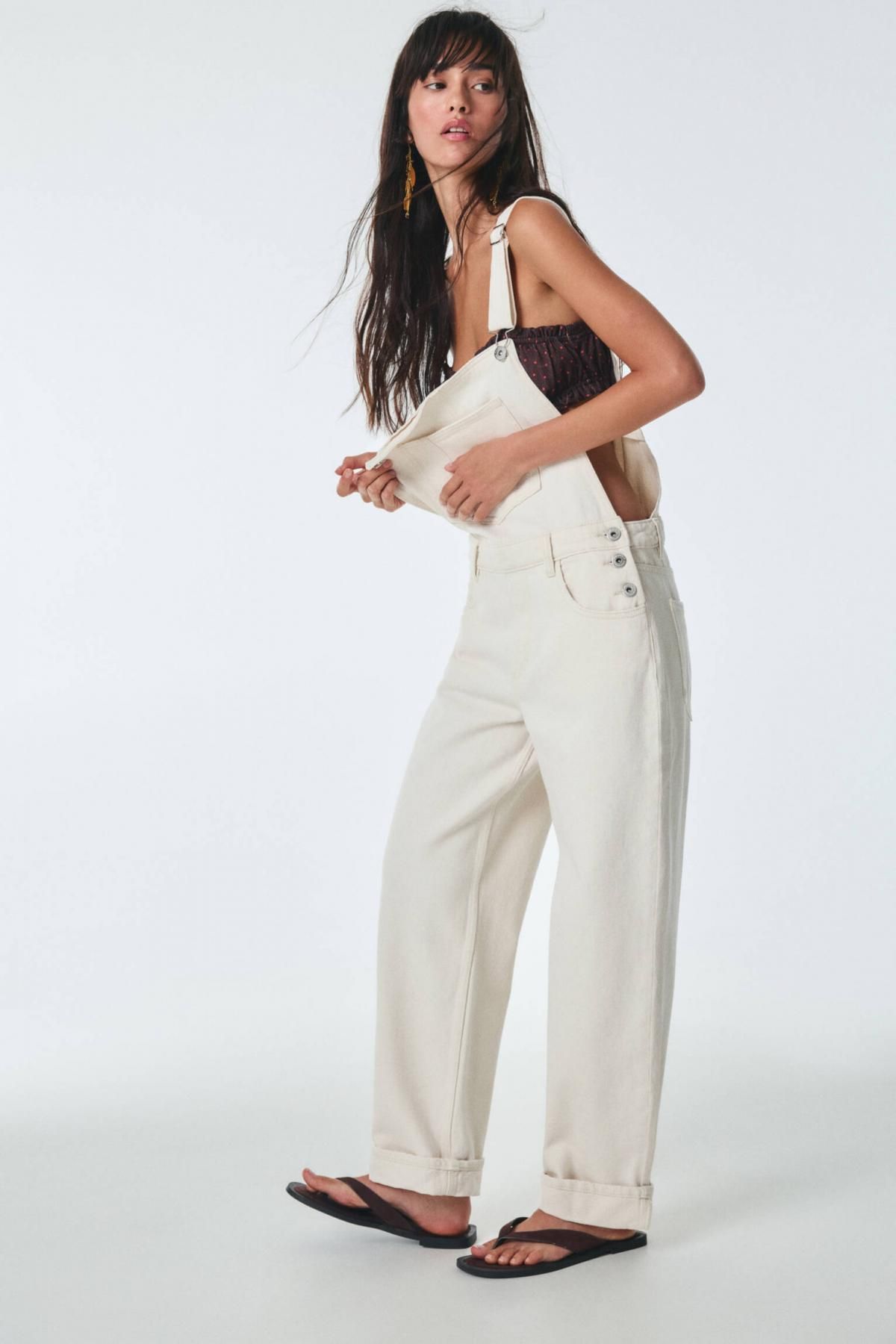 풀앤베어 화이트 데님 롱 오버롤 스트랩 점프수트 7638/302 ECRU - 상세 이미지 2