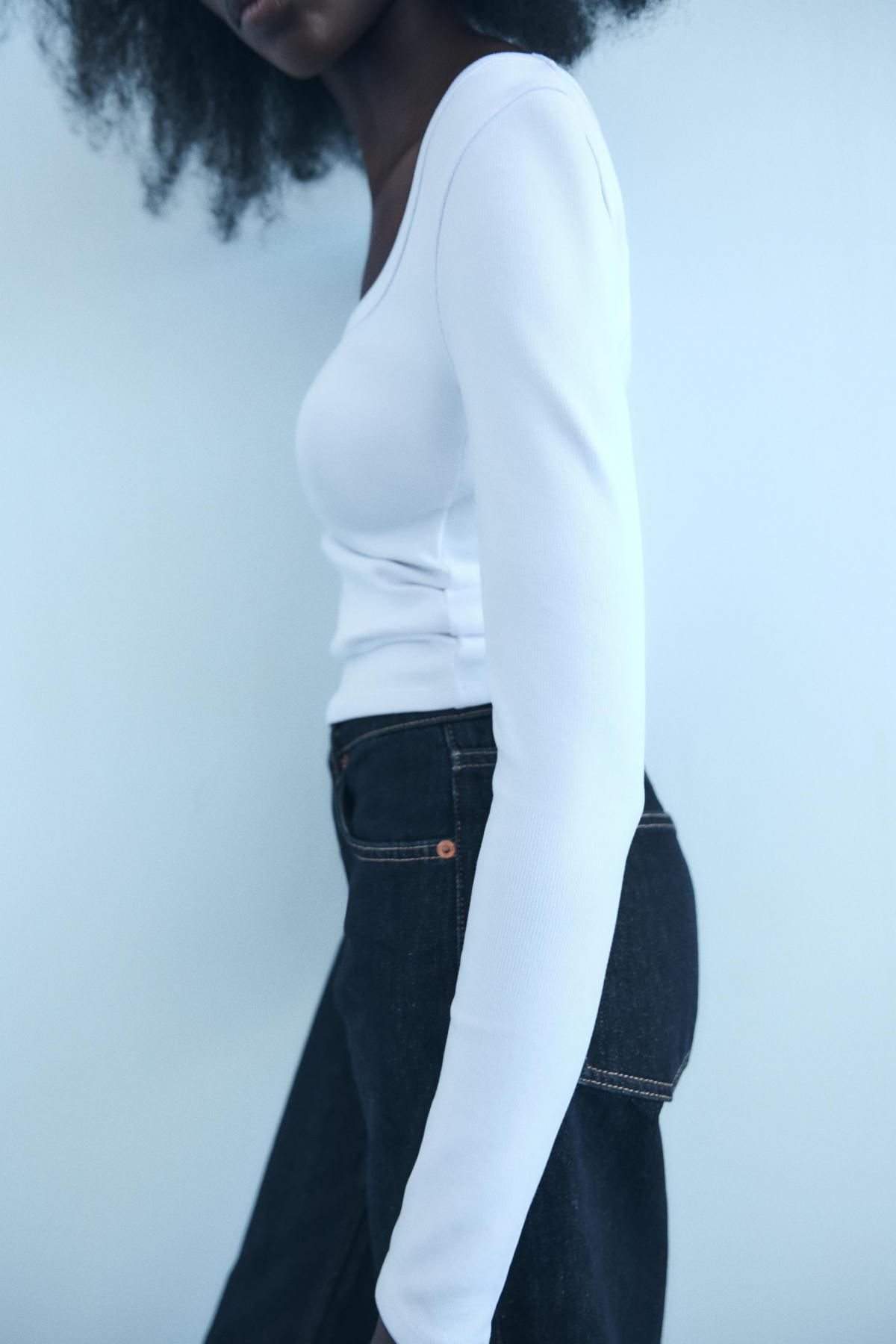 자라 슬림핏 라운드넥 립 롱슬리브 티셔츠 4424/811 WHITE - 상세 이미지 5