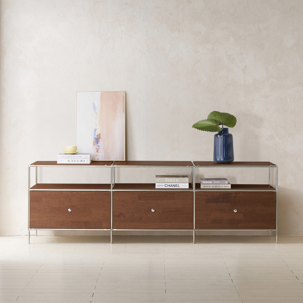 이노센트 스틸린 미드센츄리 모듈 2단 거실장 선반형 i104816, 월넛