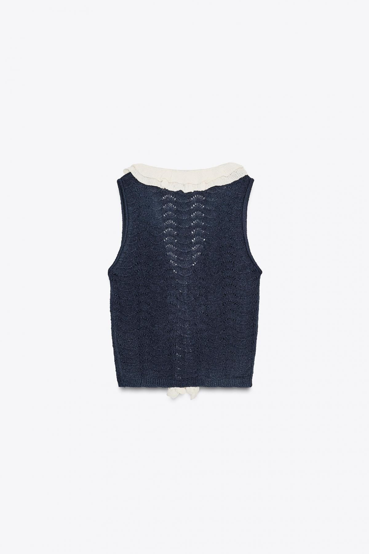 자라 콤비 러플 브이넥 민소매 탑 8779/636 ECRU / NAVY - 상세 이미지 4