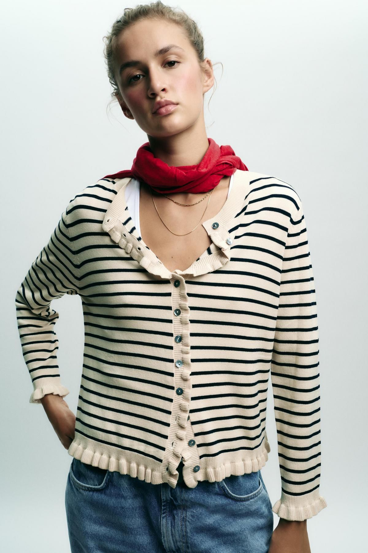 자라 스트라이프 러플트림 라운드넥 카디건 3433/100 STRIPED - 상세 이미지 3