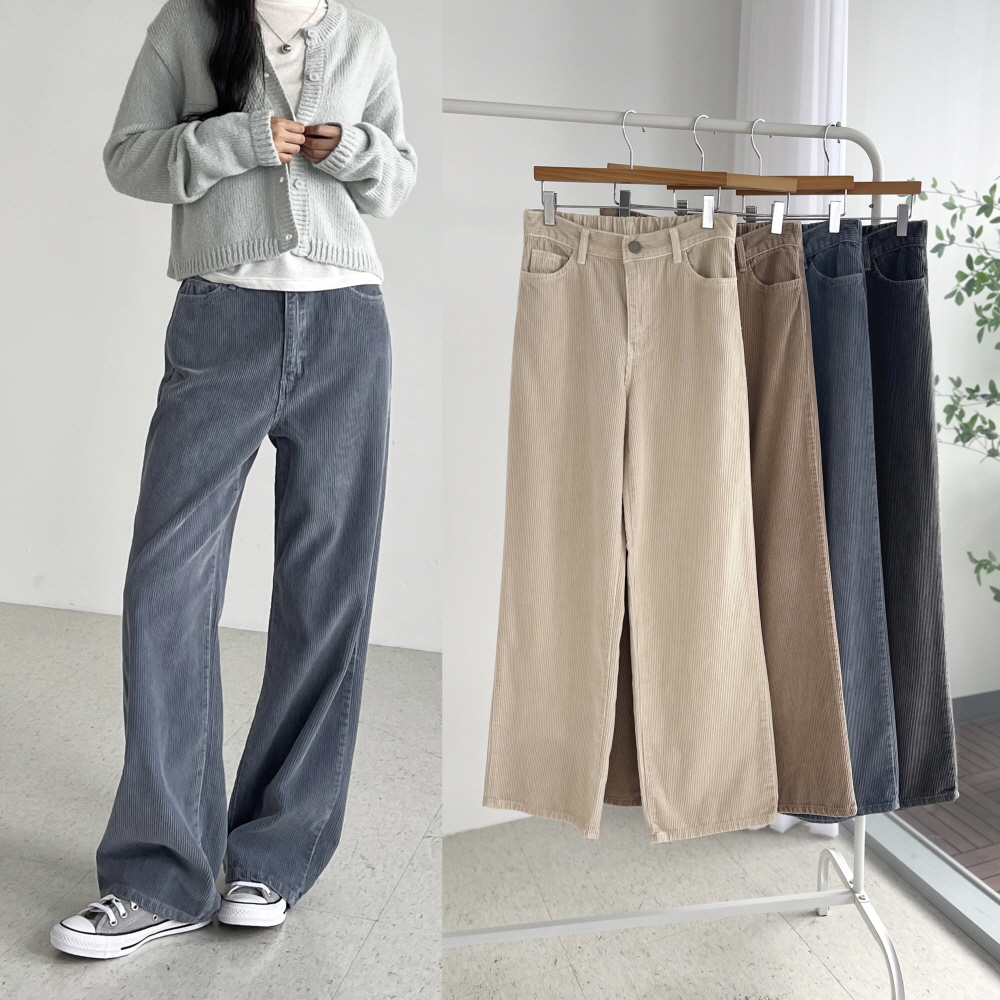 코듀로이팬츠 여성가을바지 세미와이드 뒷밴딩 일자 통바지 누브 골덴팬츠 - 상품 이미지