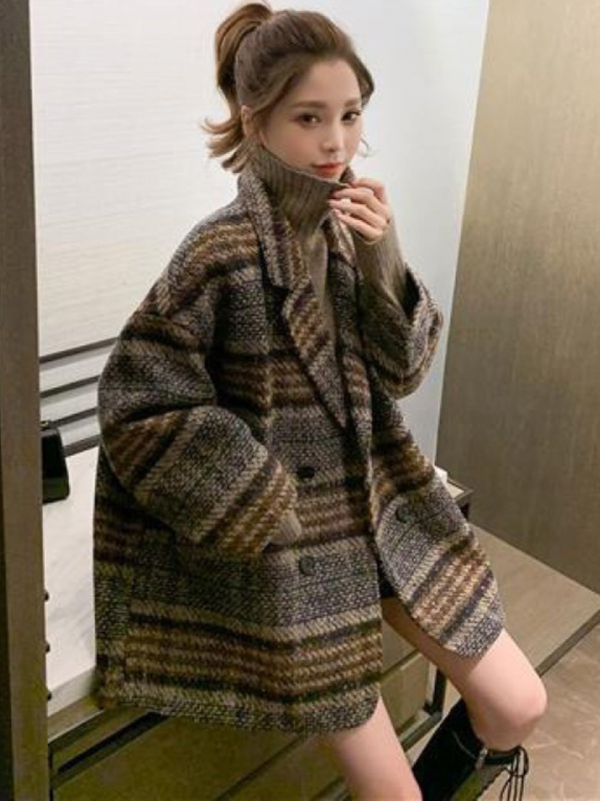 여성 빅사이즈 체크 자켓 가을 겨울 중장기장 루즈핏 정장 아우터 다크그린 M - 상세 이미지 3