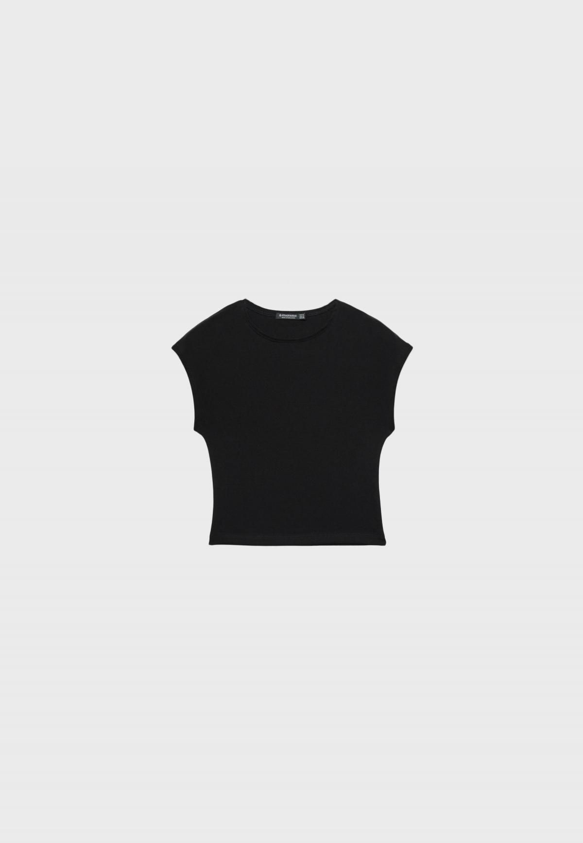 스트라디바리우스 미니멀 베이직 크롭 라운드넥 캡소매 티셔츠 6505/569 BLACK - 상품 이미지