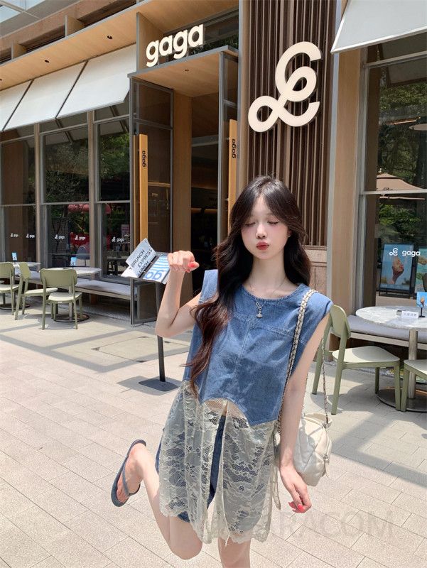 여성 빈티지 데님 민소매 나시 레이스 시스루 숏팬츠 투피스 세트 데일리룩 데이트룩 바캉스룩 봄 여름 - 상세 이미지 2