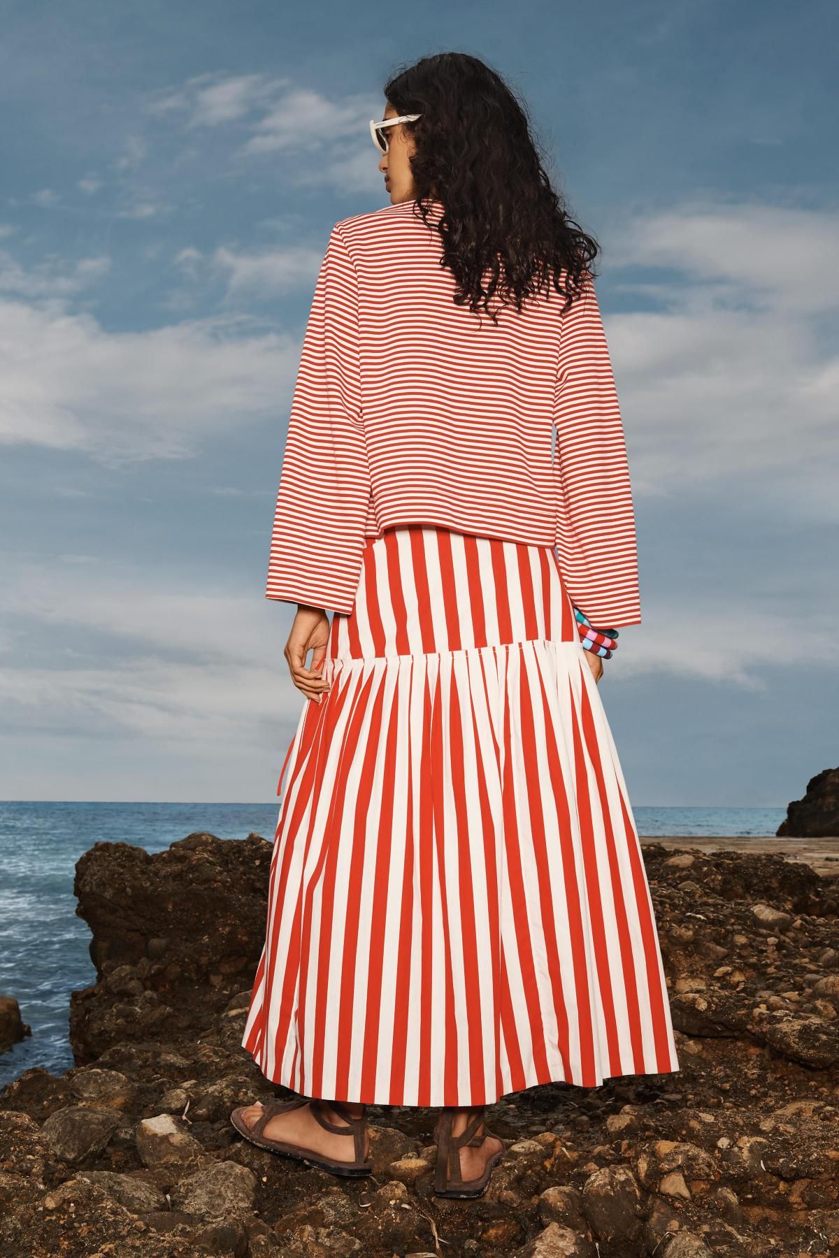 자라 코튼 스트라이프 플리츠 미디 스커트 3656/710 WHITE / RED - 상세 이미지 3