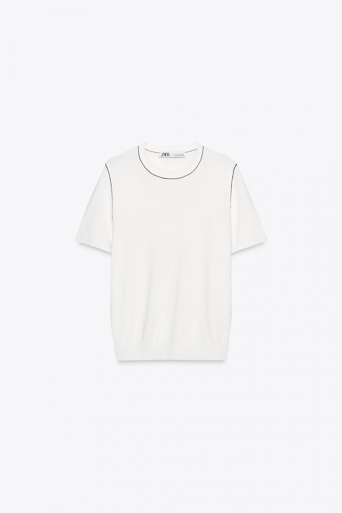 자라 미니멀 라운드넥 파이핑 반팔 니트 3390/008 WHITE / NAVY - 상품 이미지