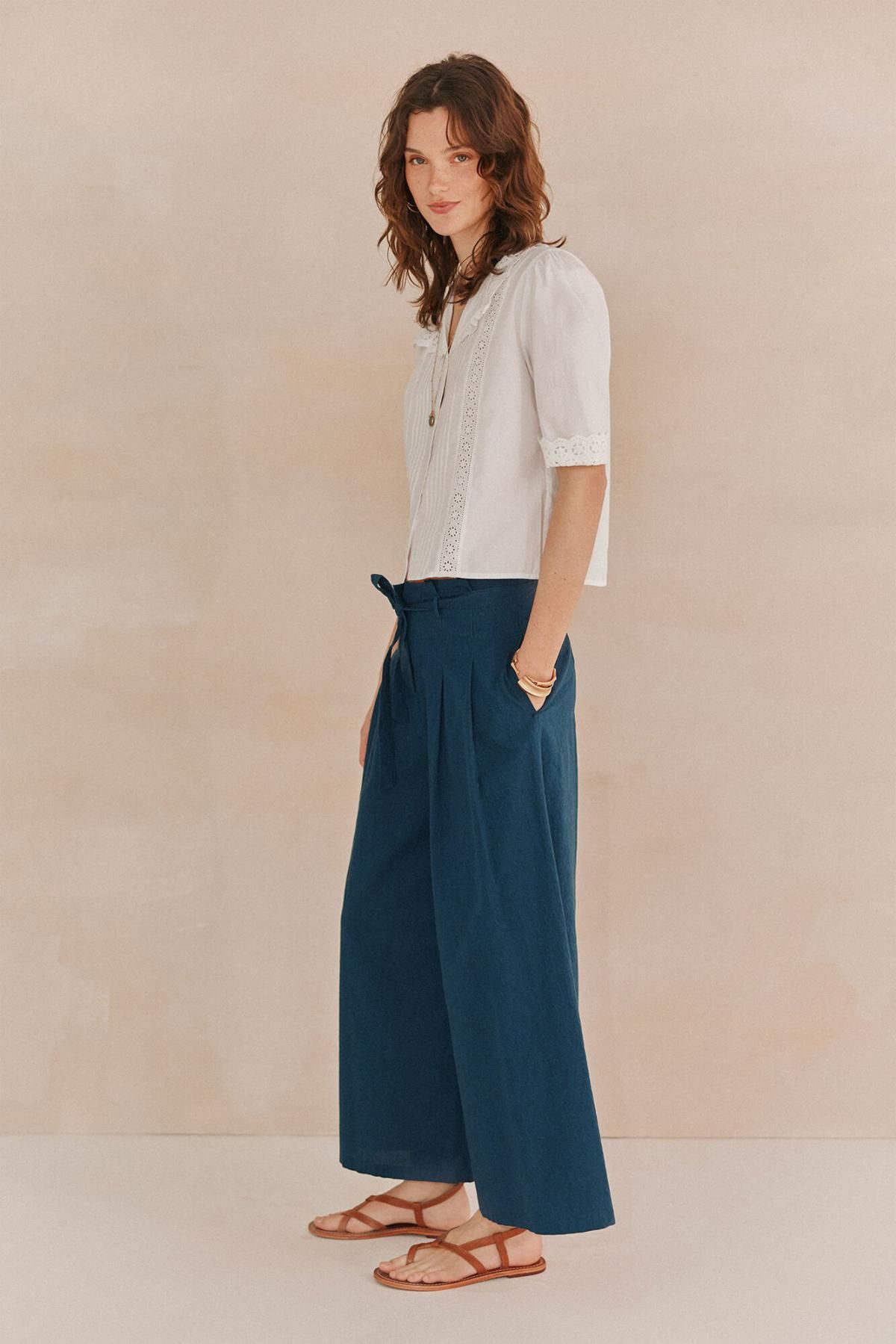 호스 인트로피아 페미닌 와이드 테크니컬 자카드 벨티드 팬츠 6549011 AZUL OSCURO - 상세 이미지 4