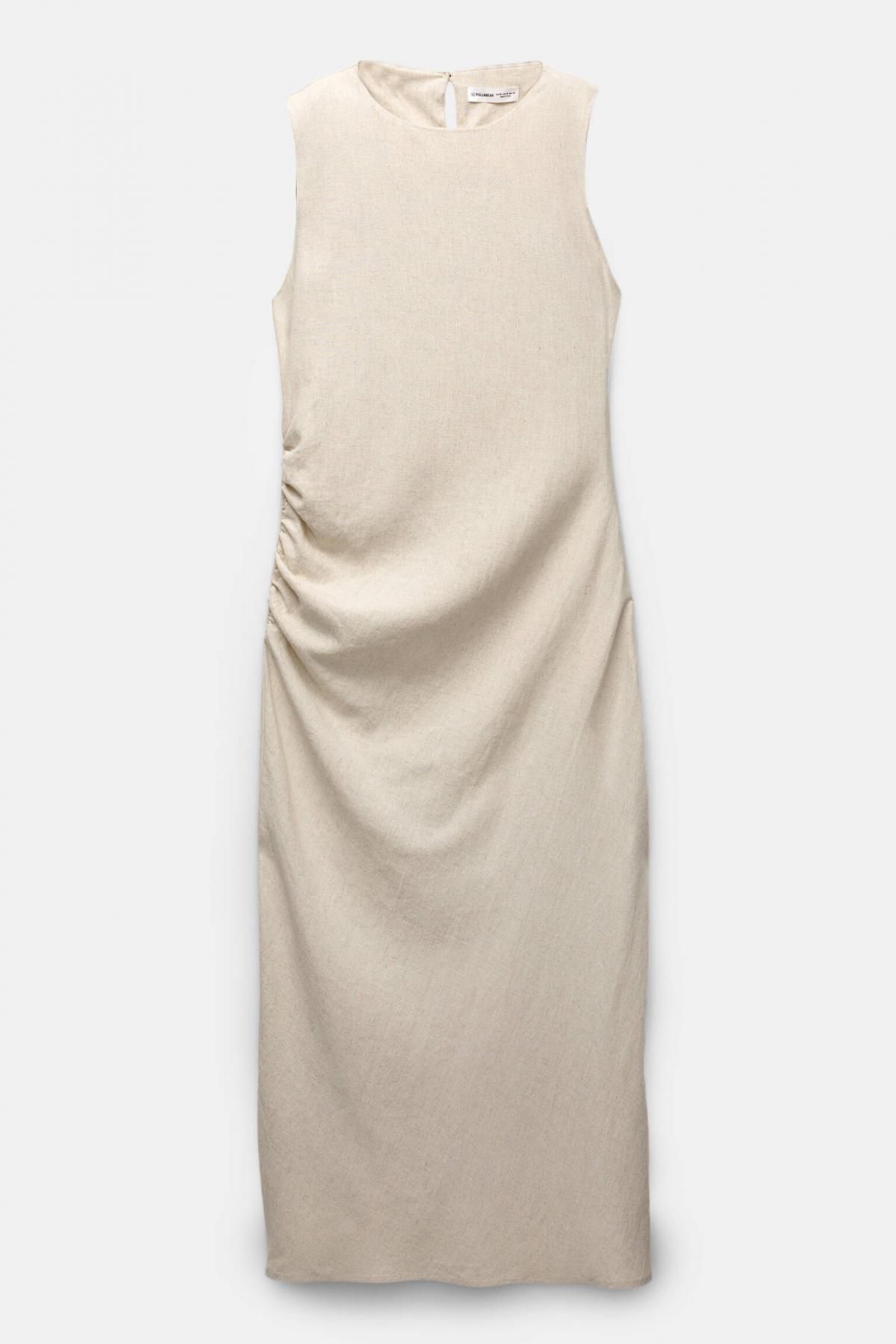 풀앤베어 미니멀 셔링 미디 원피스 민소매 라운드넥 7394/200 BEIGE - 상품 이미지