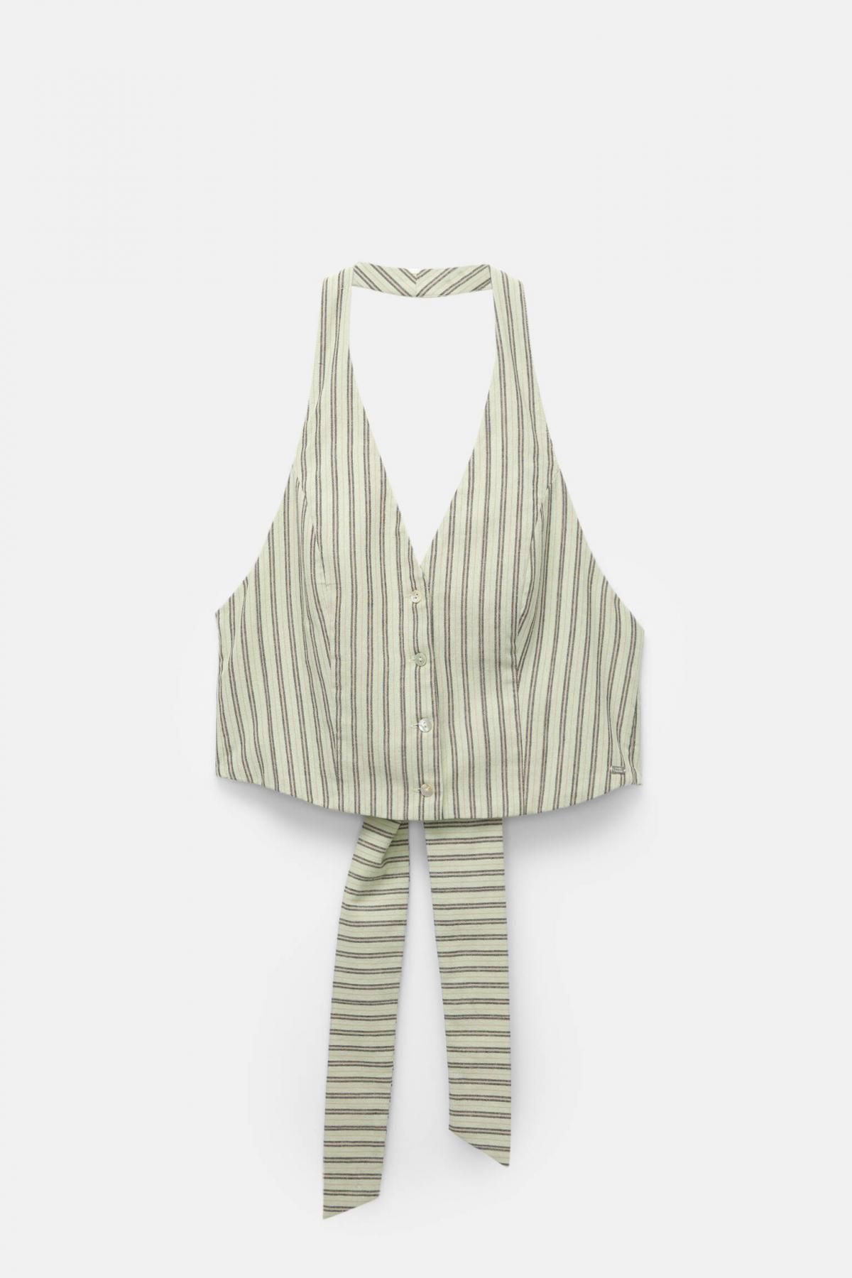 풀앤베어 스트라이프 린넨 크롭 민소매 브이넥 탑 7472/346 PALE KHAKI - 상품 이미지