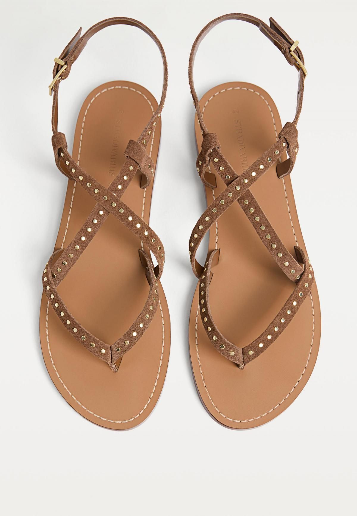 스트라디바리우스 스터드 스트랩 플랫 레더 샌들 9752/670 BROWN - 상세 이미지 2