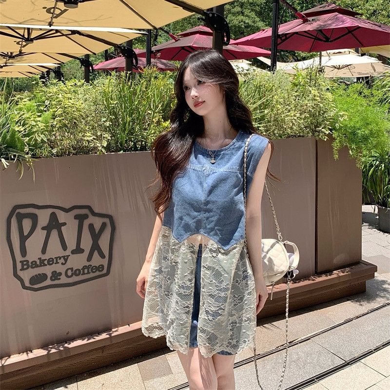 여성 빈티지 데님 민소매 나시 레이스 시스루 숏팬츠 투피스 세트 데일리룩 데이트룩 바캉스룩 봄 여름 - 상품 이미지