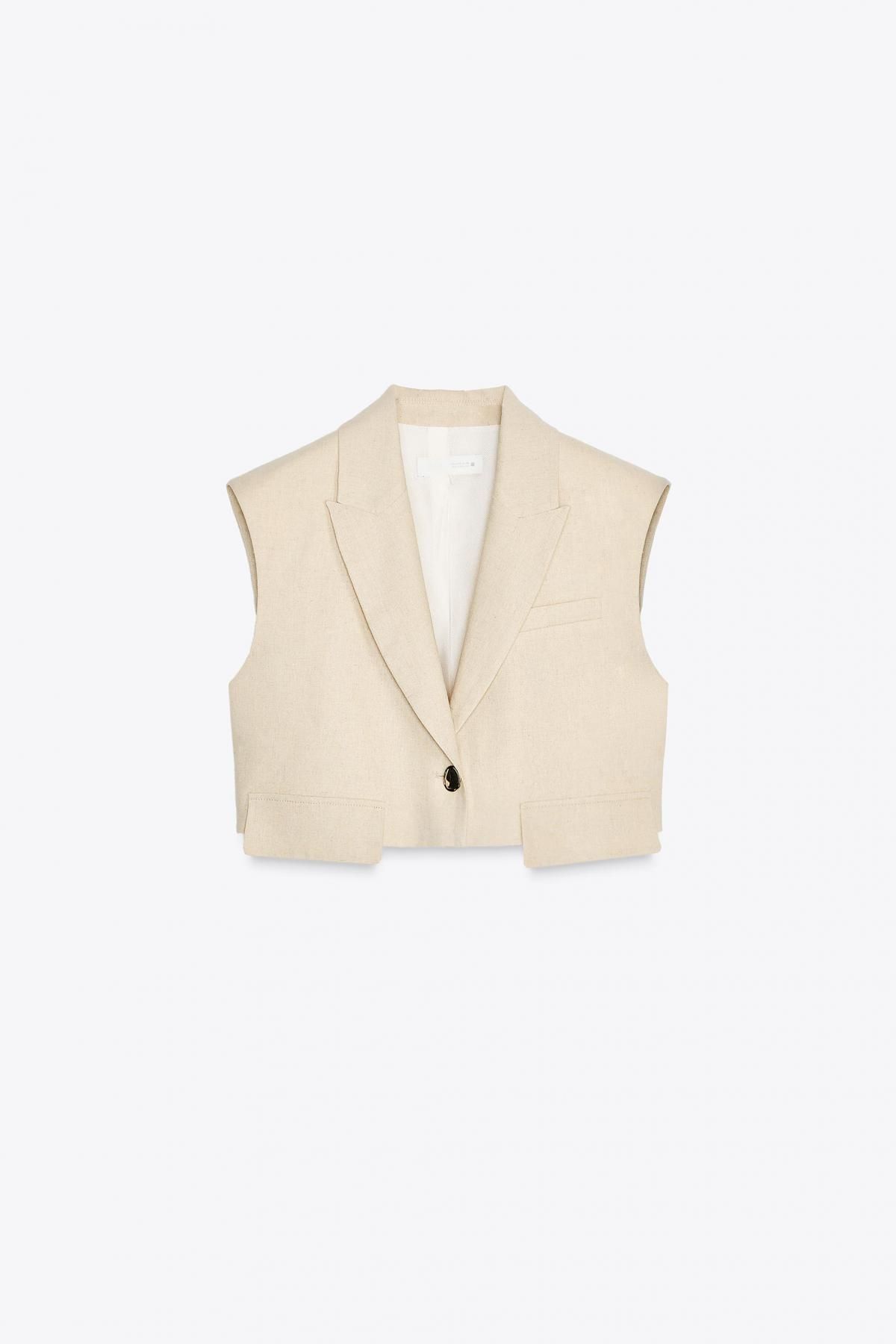 자라 린넨 블렌드 테일러드 크롭 베스트 2406/998 LIGHT BEIGE - 메인 이미지