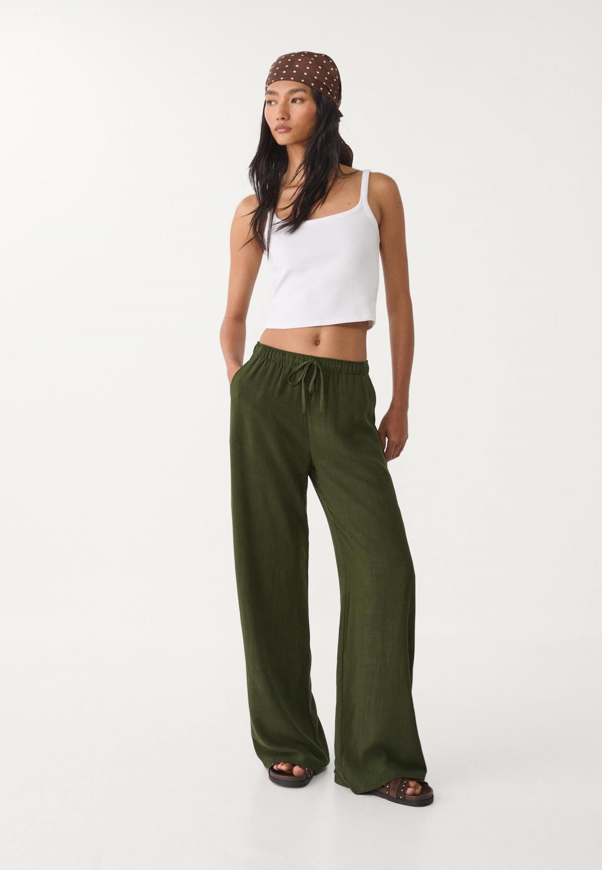 스트라디바리우스 와이드 린넨블렌드 스트링 팬츠 1235/737 GREEN - 상세 이미지 2