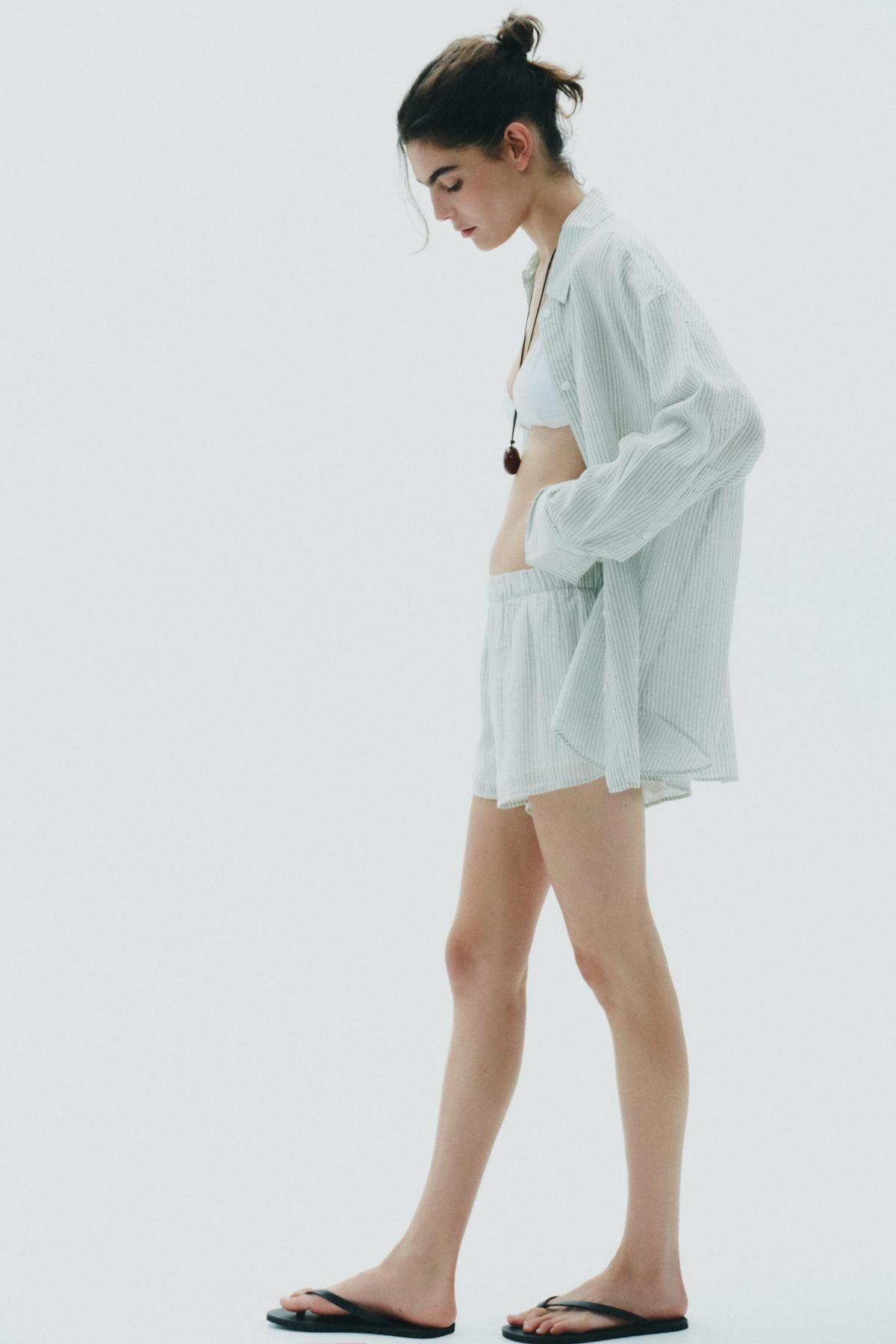 자라 스트라이프 코튼 거즈 파자마 반바지 7521/502 WHITE / GREEN - 상세 이미지 5