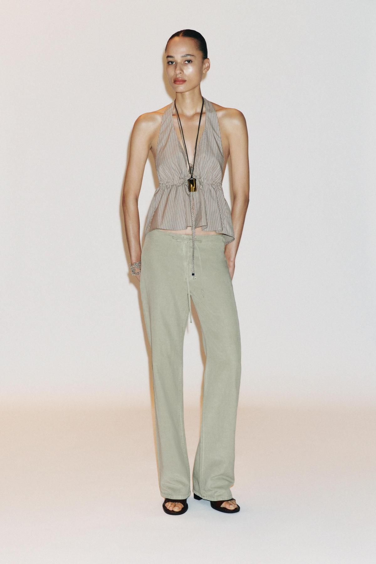 자라 스트라이프 포플린 홀터넥 민소매 탑 4772/106 BROWN / GREEN - 상세 이미지 2